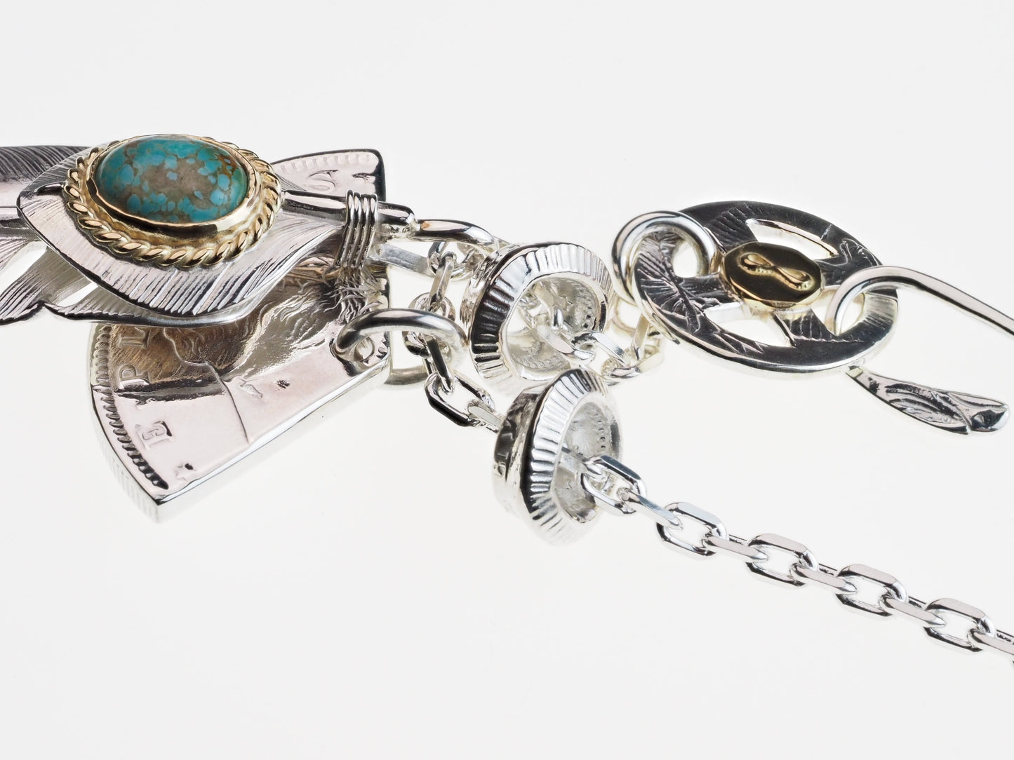 P-069 Wakan Silver Smith feather L (L)+Heart feather+K18 rope (turquoise) 松石羽毛 L