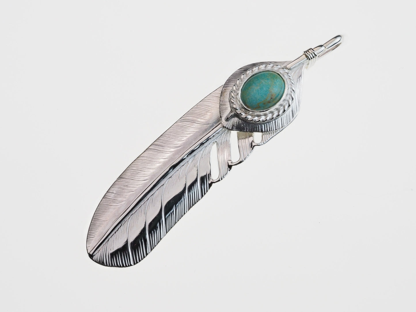 P-066 feather L (R)+Heart feather+silver rope (turquoise)