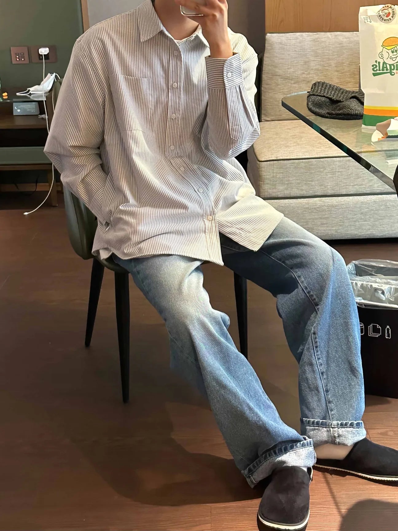 SIMON MADE TW-2204 city boy 學院風 寬鬆 隱藏口袋 條紋 牛津 長袖 襯衫