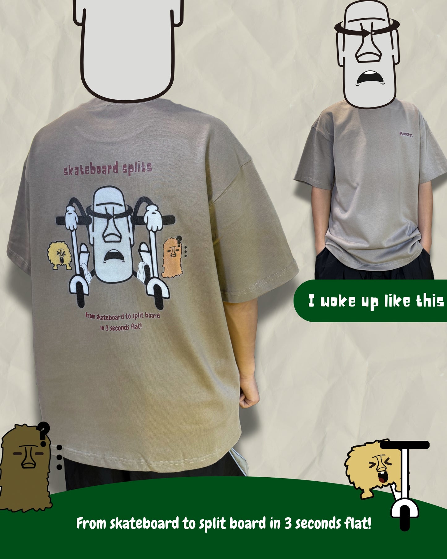 TURNOVER 2025SS “skateboard splits Tee "
“25SST11 曬命滑板TEE”