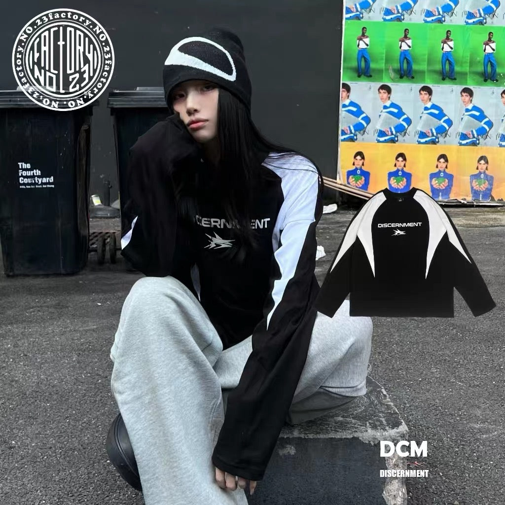 DCM 賽車 運動風 幾何 拼接 落肩 寬鬆 長袖