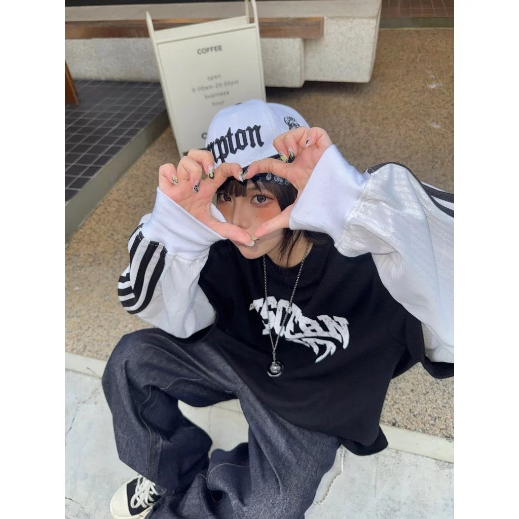 DCM 線條 假兩件 斑駁 美式 拼接 長袖 DCM-L47