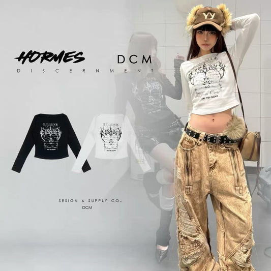 DCM 主視覺 塗鴉 平口 一字領 斜肩 內搭 長袖w68