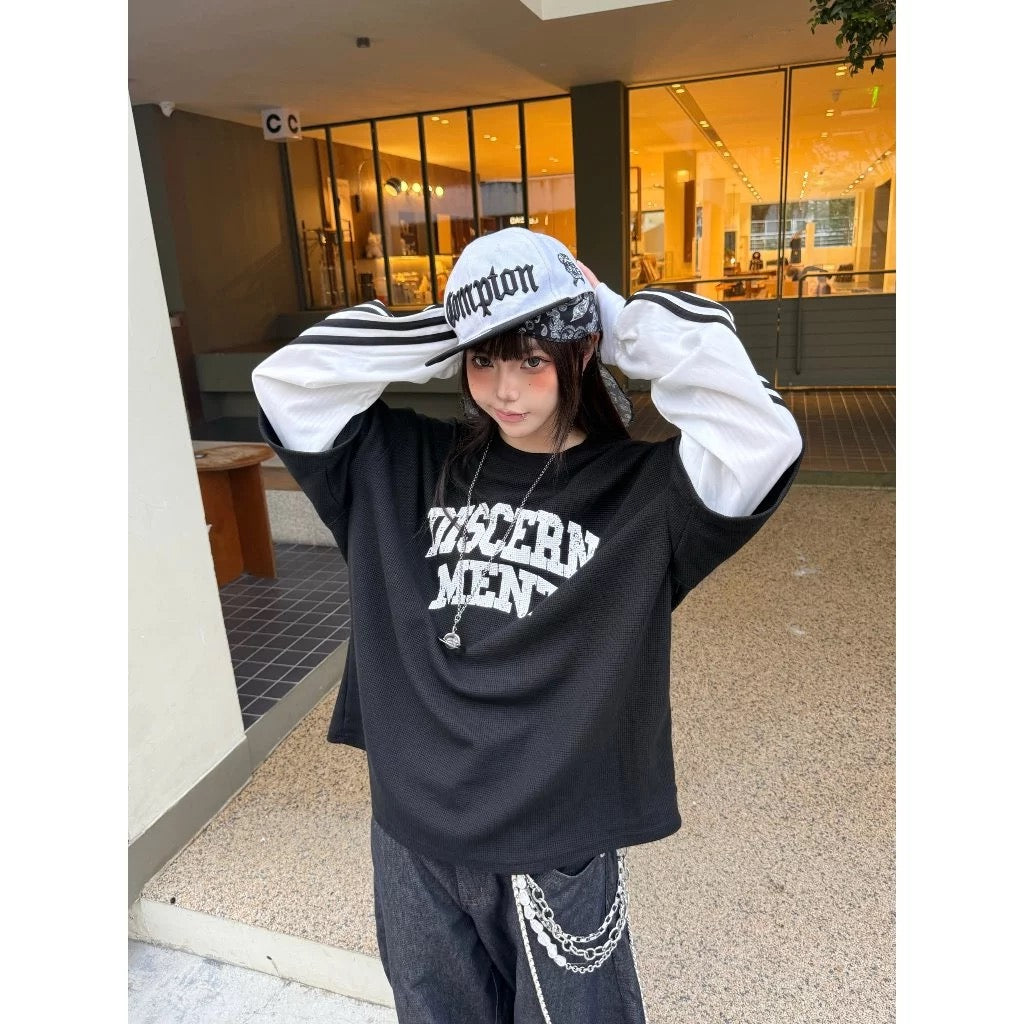 DCM 線條 假兩件 斑駁 美式 拼接 長袖 DCM-L47