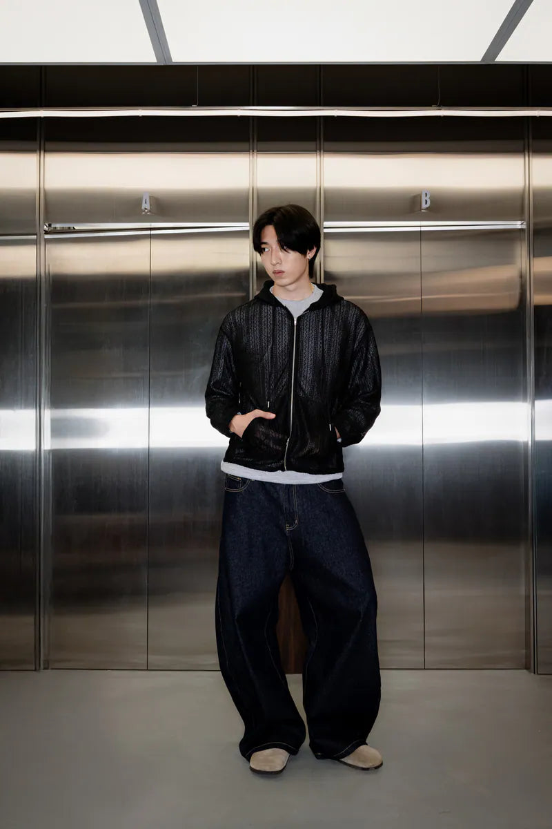 SIMON MADE OW-2501 薄針織 麻花 條紋 連帽 外套