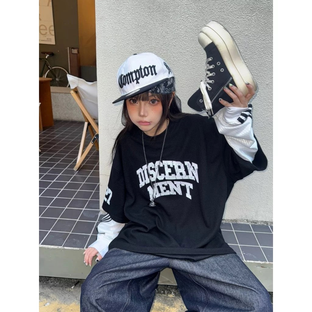 DCM 線條 假兩件 斑駁 美式 拼接 長袖 DCM-L47