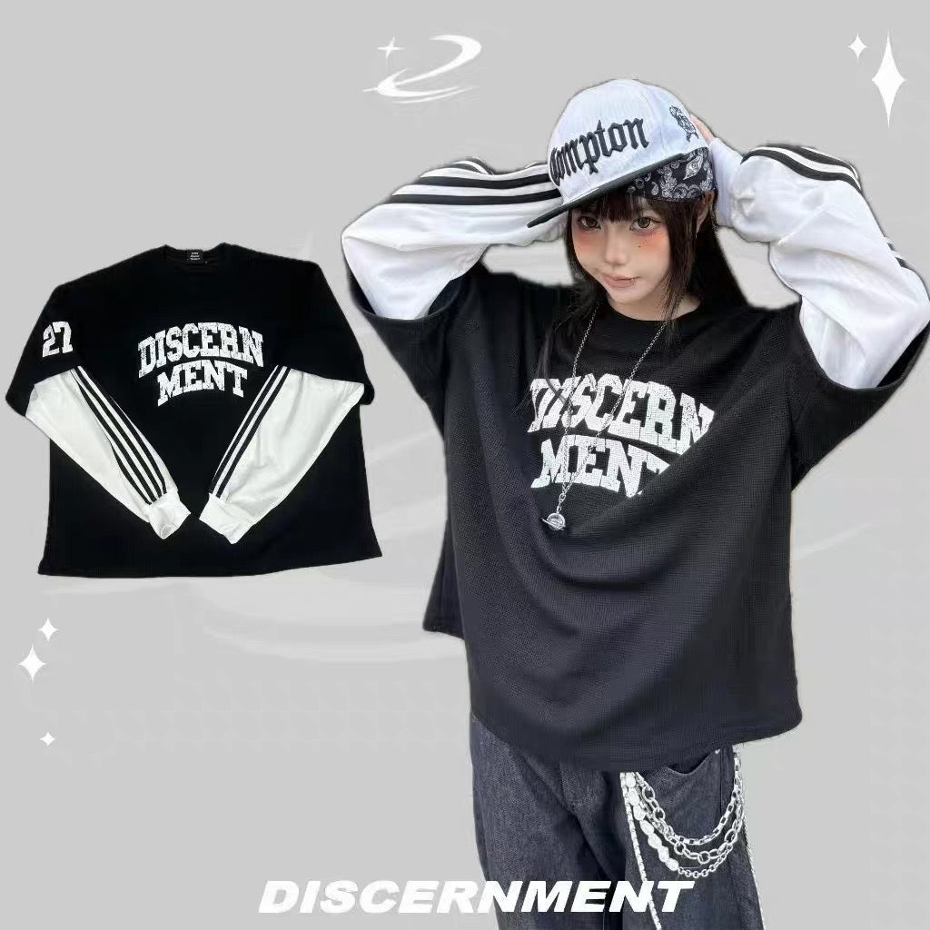 DCM 線條 假兩件 斑駁 美式 拼接 長袖 DCM-L47