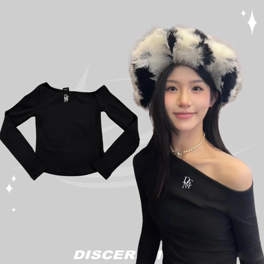 DCM 平口 一字領 斜肩 內搭 刺繡 長袖 DCM-W50