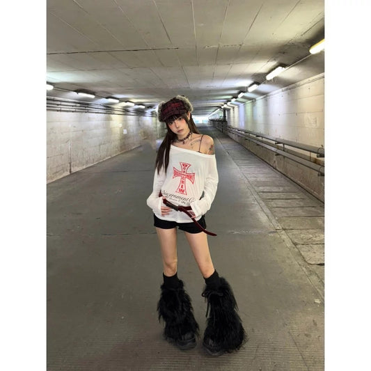 DCM 復古 印花 防曬 斜肩 平口 微透膚 紅色十字架 DCM-W74