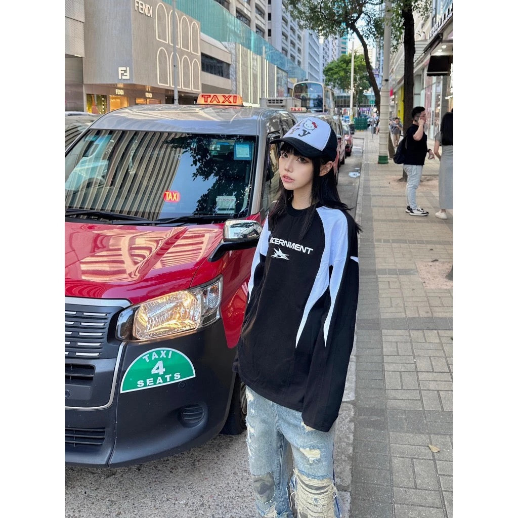 DCM 賽車 運動風 幾何 拼接 落肩 寬鬆 長袖