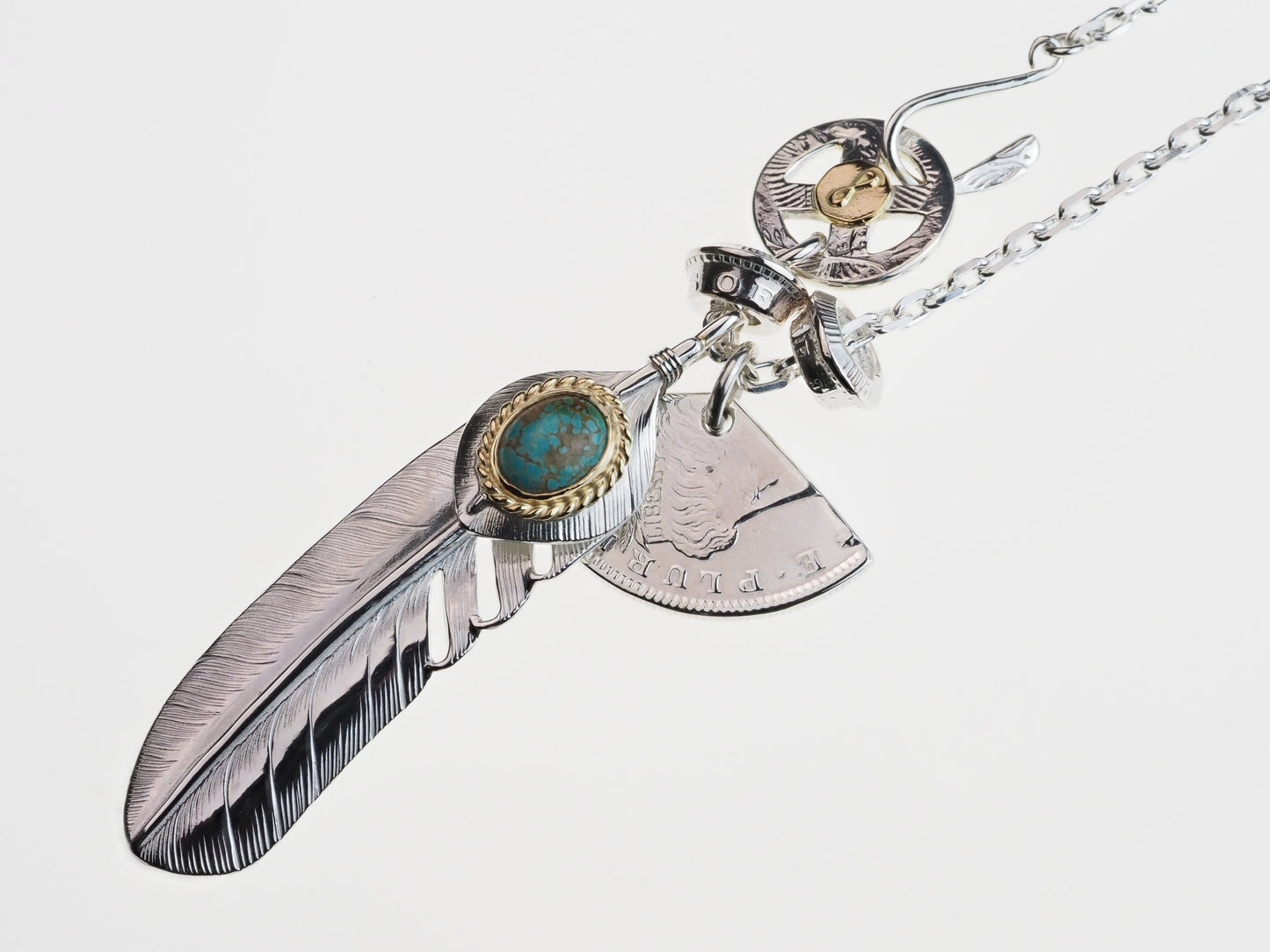 P-069 Wakan Silver Smith feather L (L)+Heart feather+K18 rope (turquoise) 松石羽毛 L